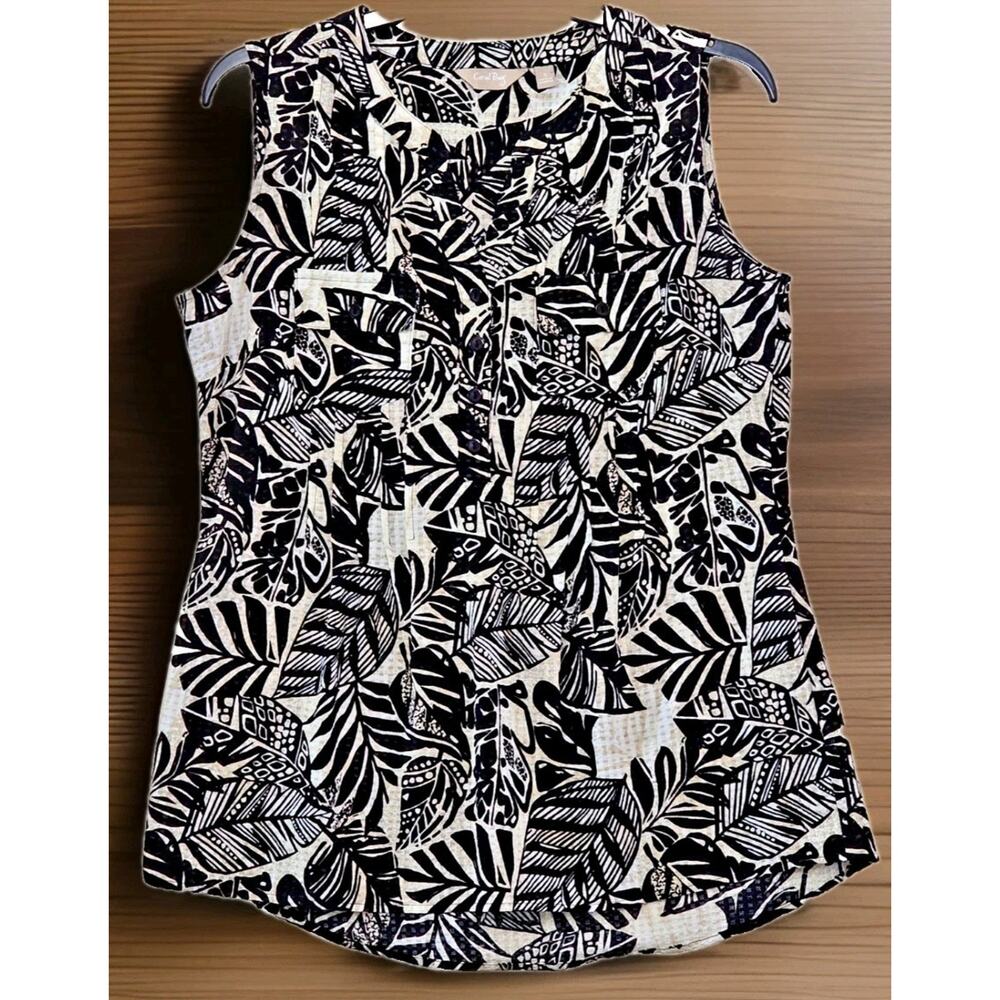 Coral Bay Women's Top Sleeveless Blouse Black White Leaf Design Size Small